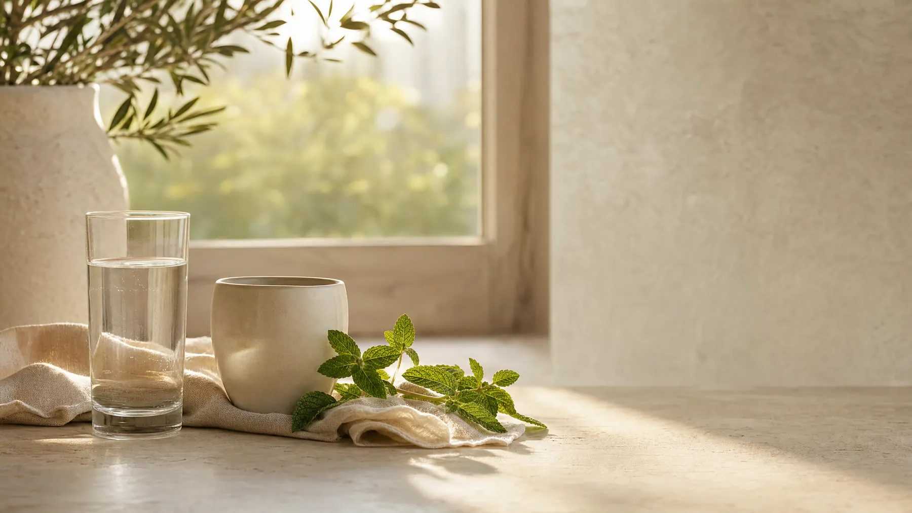 A glass of water, a ceramic cup and fresh herbs on a stone counter in soft morning light.